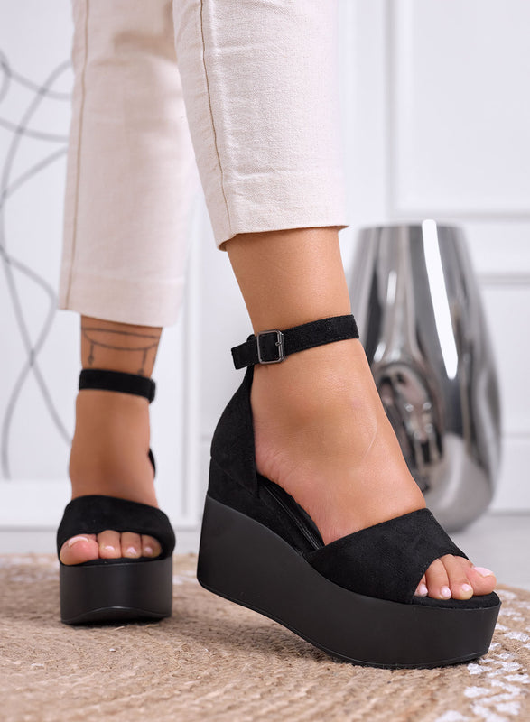 PENNY - Black suede platform sandals with ankle strap