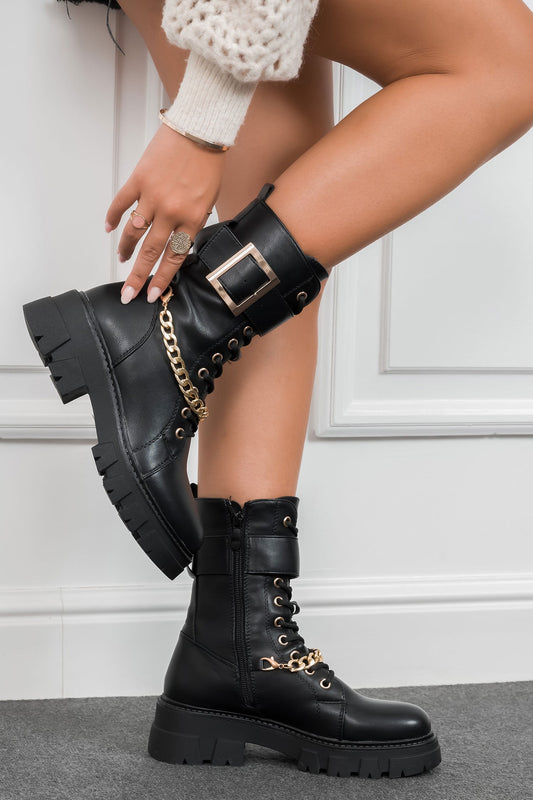 BRISA -  Black ankle boots with gold buckle and chain