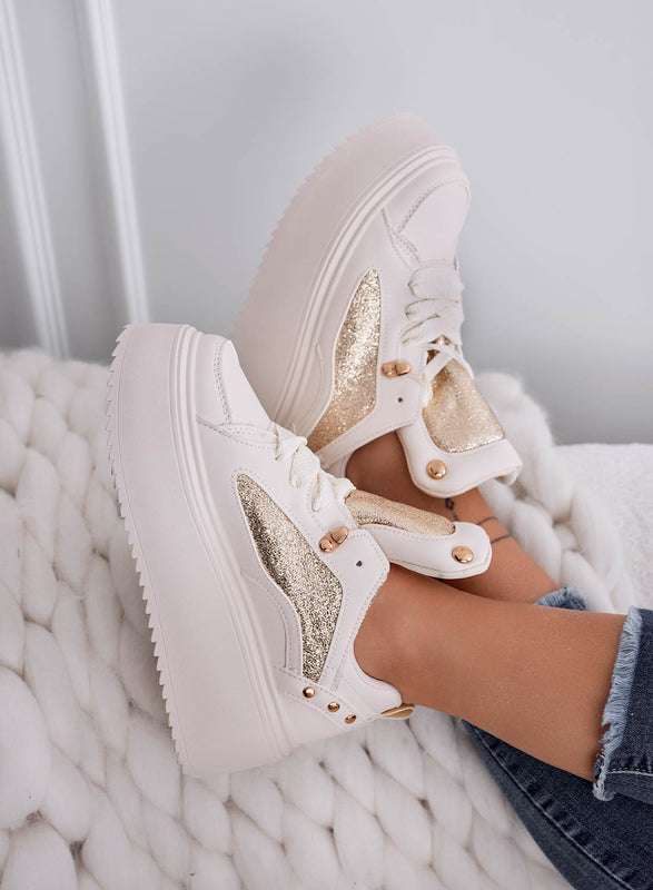 LUCILLA - Beige sneakers with wedge heel and gold laminated inserts