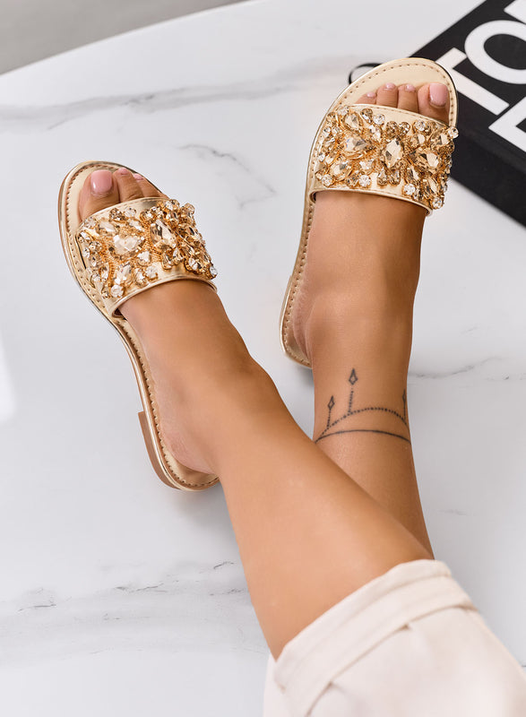 CLELIA - Sandales mules bijoux dorés avec pierres et semelle basse