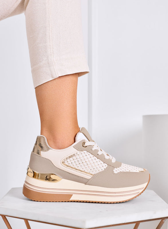 MELEK - Beige sneakers with gold inserts and platform sole