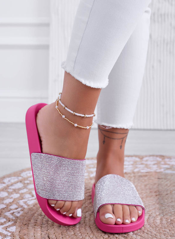 BECKY - Fuchsia slipper sandals with rhinestone band