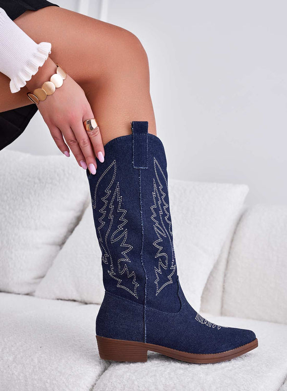 JENNIE - Blue denim camper boots with embroidery