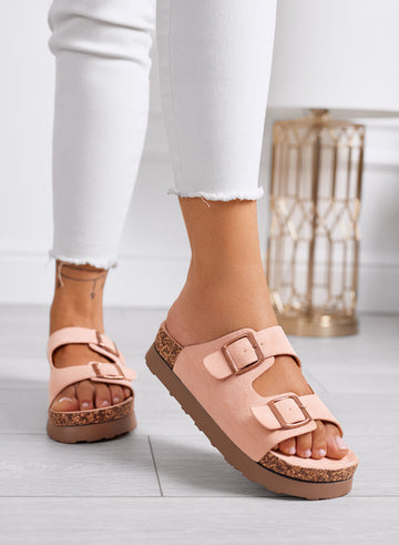 INES - Pink suede sandals with buckles and comfortable cork sole