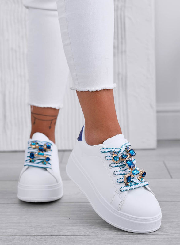 SORAYA - White sneakers with jewel application and blue back