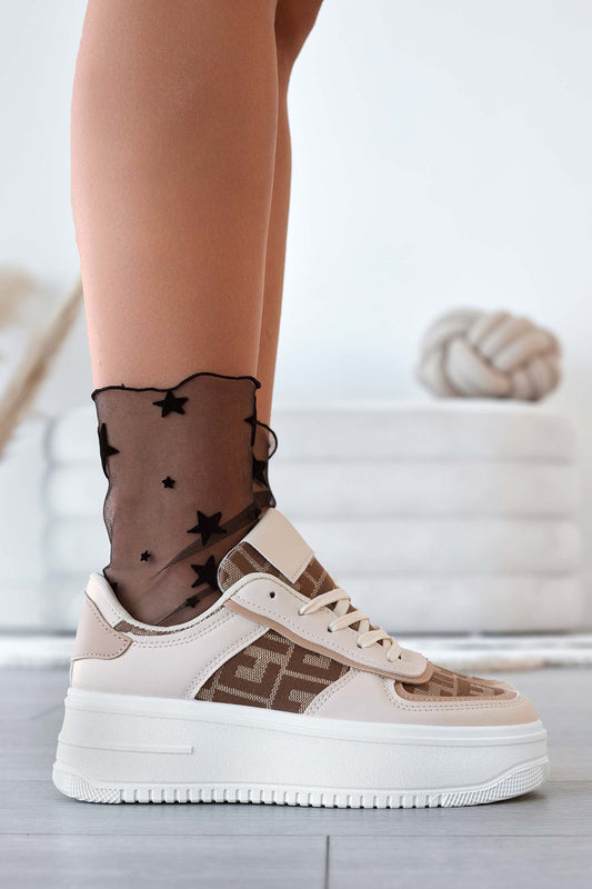 MIRELA - Beige sneakers with patterned fabric inserts