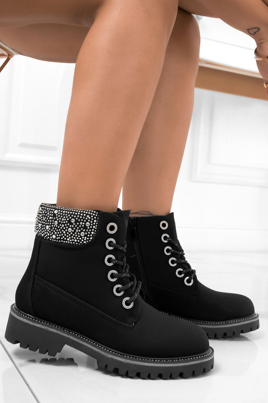 LOLA - Black ankle boots with rhinestones