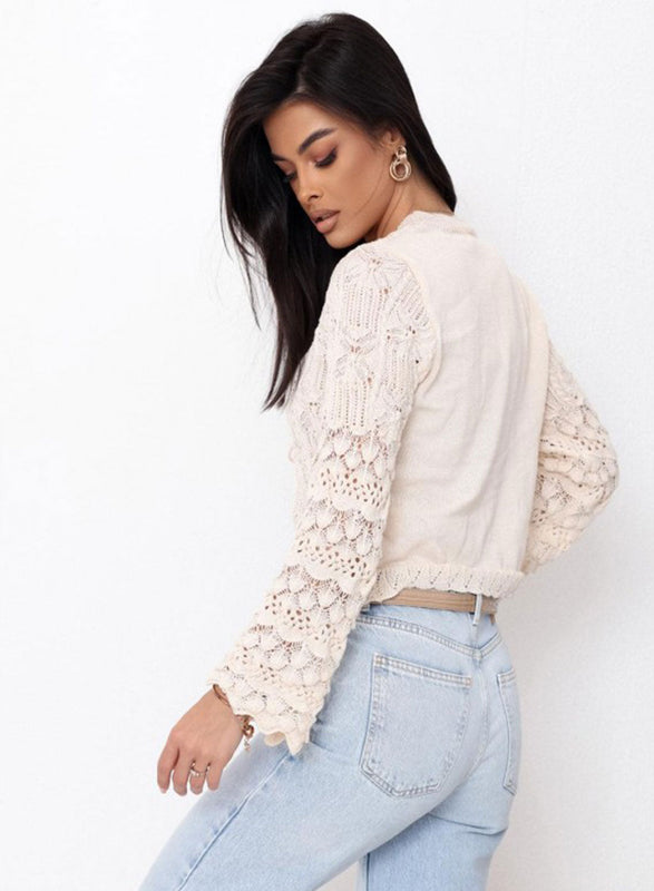 Beige Cropped Cardigan in Perforated Knit with Long Sleeves and Ties
