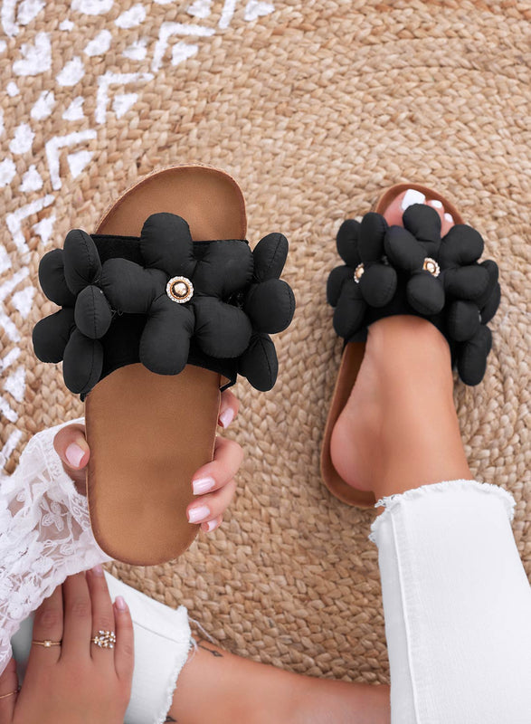 BARBARA - Black slipper sandals with soft flowers