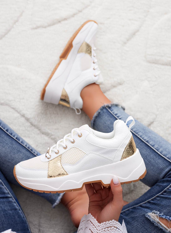 DAFFY - Perforated white Alexoo sneakers with gold inserts