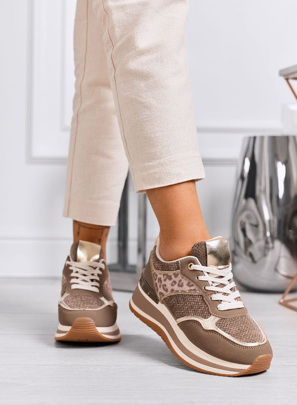 ATHENS - Brown sneakers with animal print details and thick sole