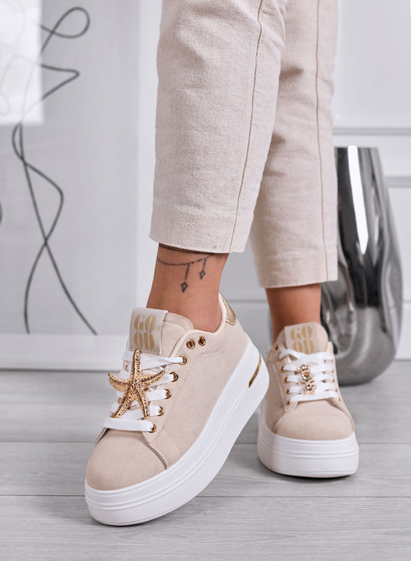 PAMELA - Beige Platform Sneakers with Jewel Star Details