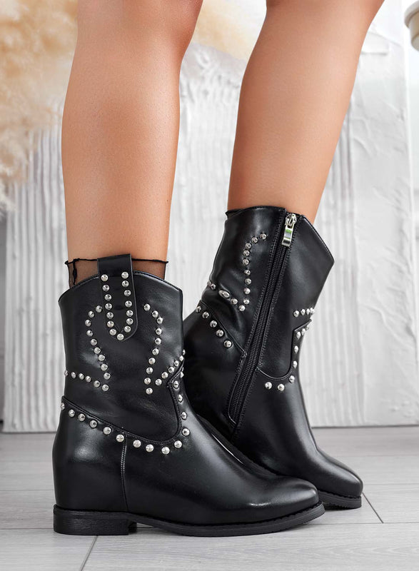 Black ankle boots with internal wedge and studs