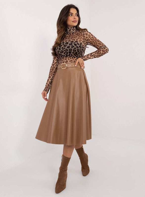 Faux leather taupe midi skirt with belt