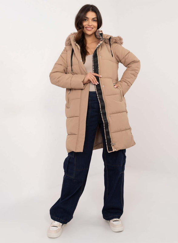 Long mud-colored padded jacket with faux fur hood