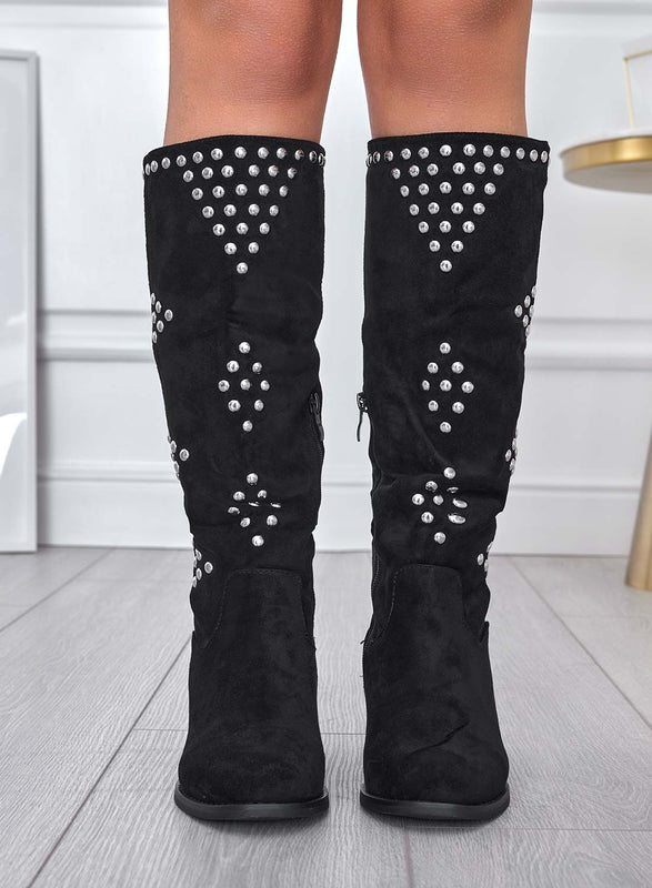 DIAMANTE - Black suede studded boots