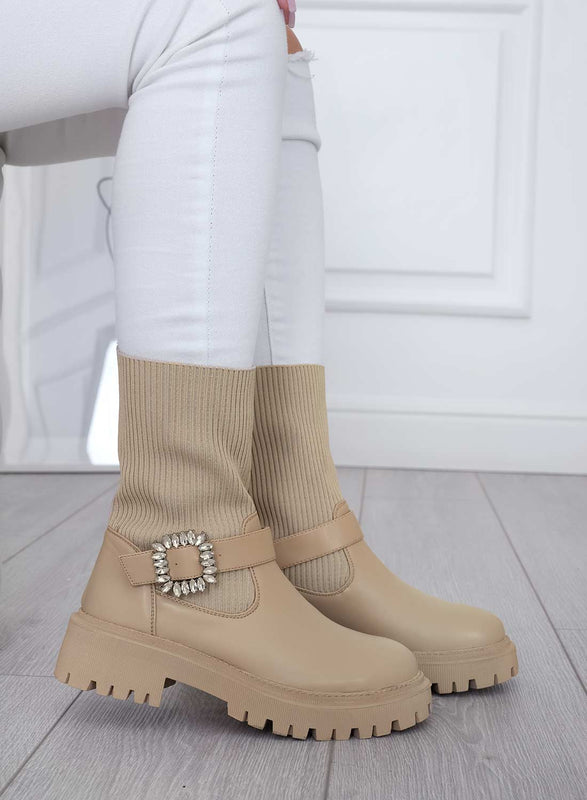 MINERVA - Beige fabric ankle boots with jewel buckle