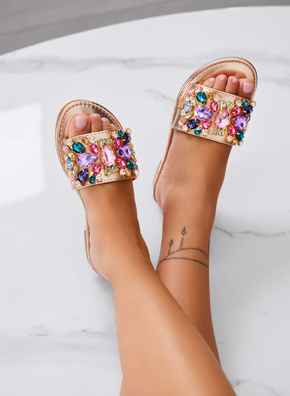 CLELIA - Jewel sandals and slippers in champagne with multicolor stones and low sole