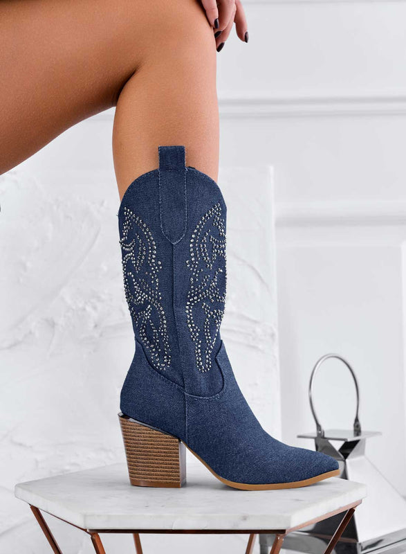 Bottes camperos bleu jean avec strass