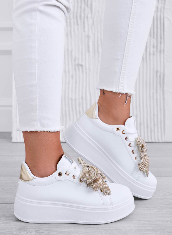 DEZZY - White sneakers with gold rhinestone bows