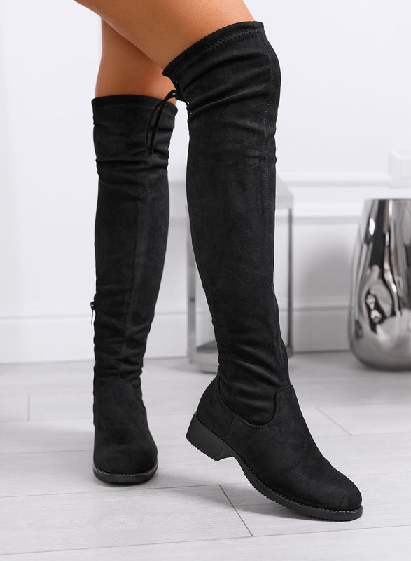 SENIA - Black suede over-the-knee boots with lace