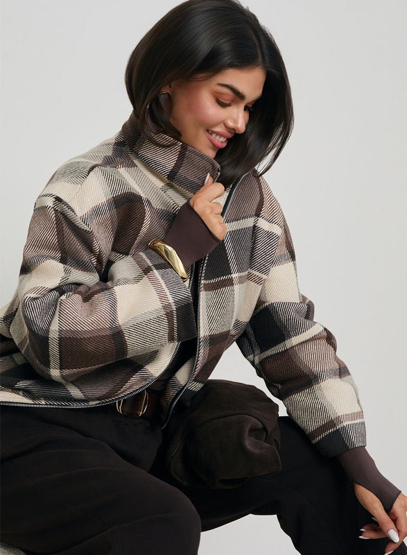 Brown and beige checkered bomber jacket