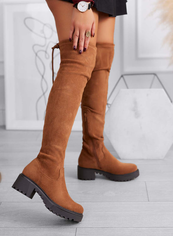 FLUX women's camel suede over-the-knee boots with chunky sole