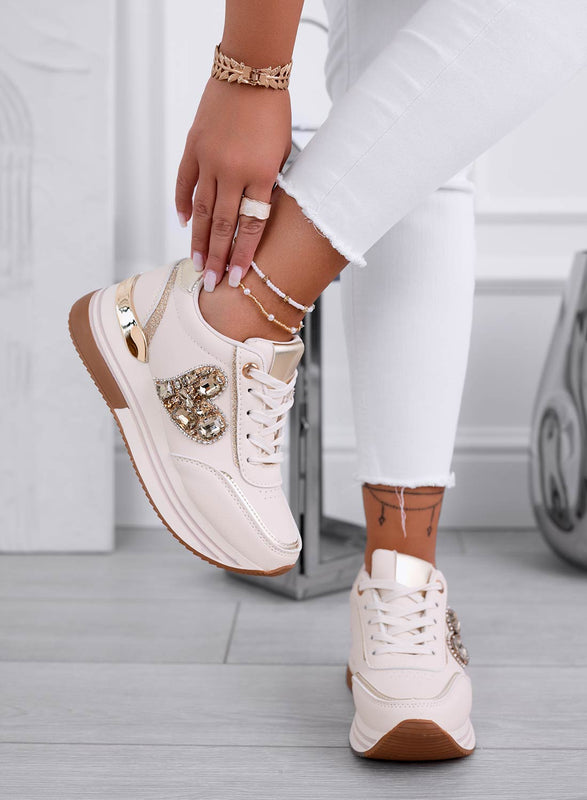 VENUS - Beige sneakers with gold jewel heart