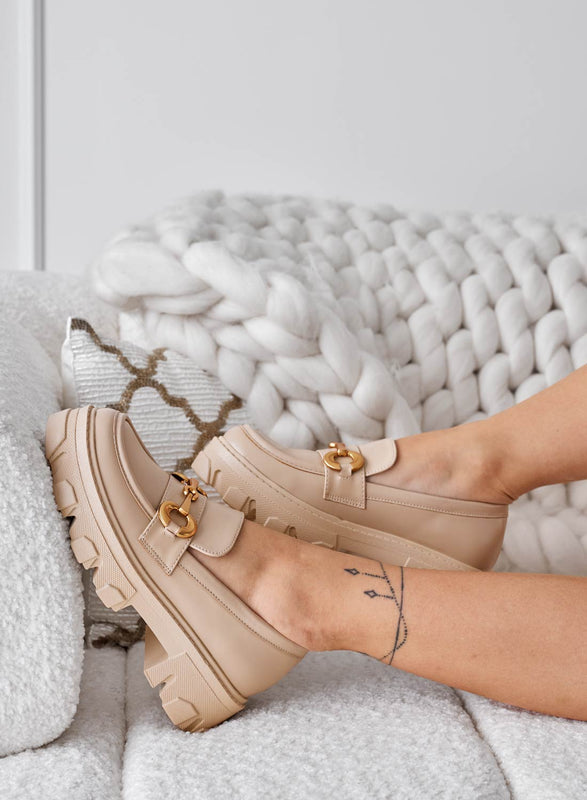 AGNESE - Beige loafers with gold buckle