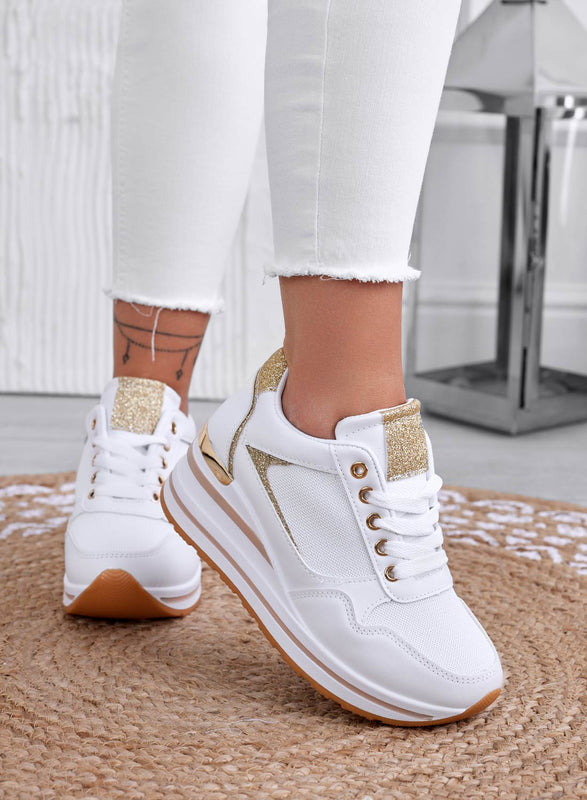 THEA - White sneakers with wedge and gold trim