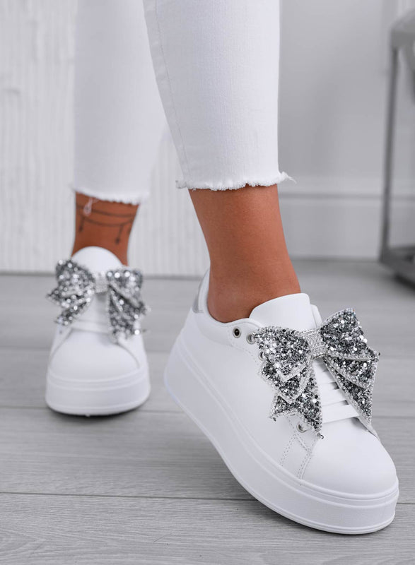 CRYSTAL - White sneakers with wedge and silver jewel bow