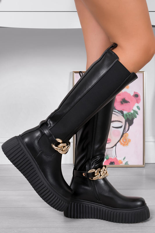 LARA - Alexoo black boots with spring and removable chain