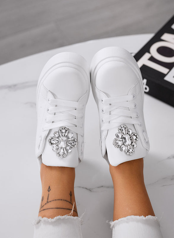 RONNIE - White platform sneakers with large silver jeweled flower