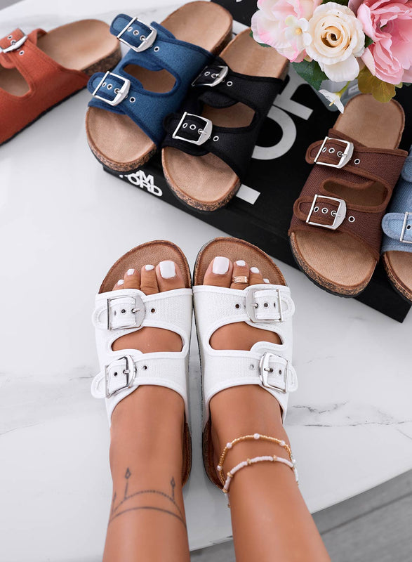 KETTY - White fabric sandals slippers with buckles