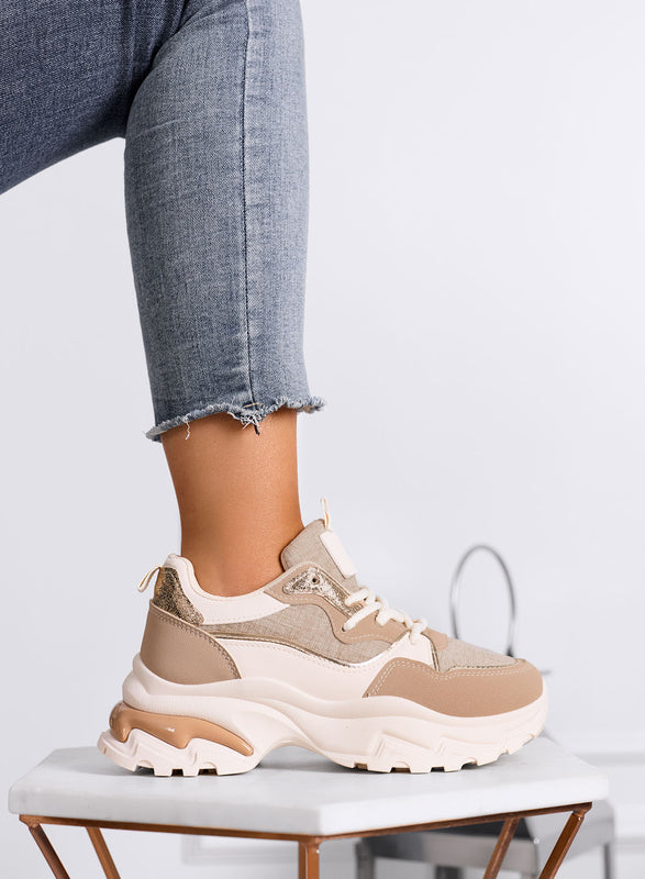 TRILLY - Sneakers chunky beige con dettagli oro e maxi suola