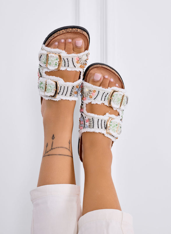 MARGOT - Sandales mules bijoux blanches avec double boucle et tissu effiloché