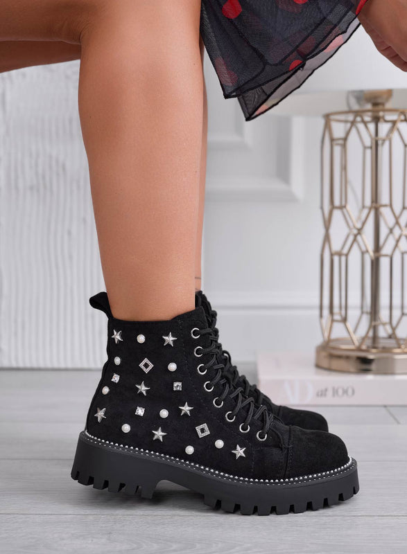 VERONIKA - Black combat ankle boots with pearls and star studs