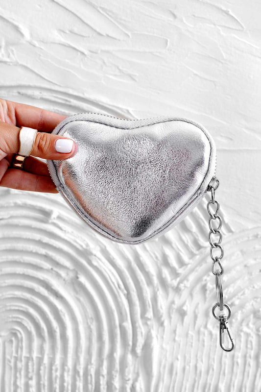 Metallic silver heart coin purse with zipper