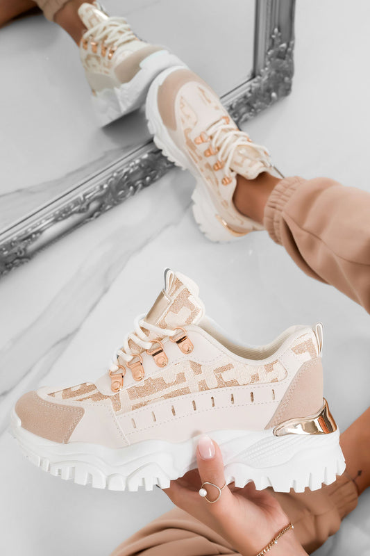 LOREDANA - Beige sneakers with golden glitter details