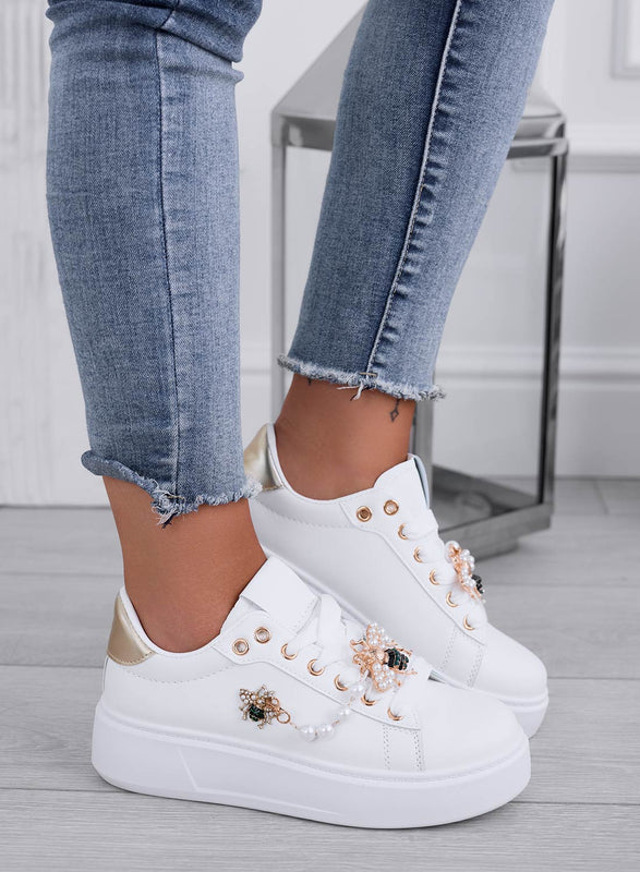 LILIANA - White sneakers with gold heel and jeweled bee embellishment