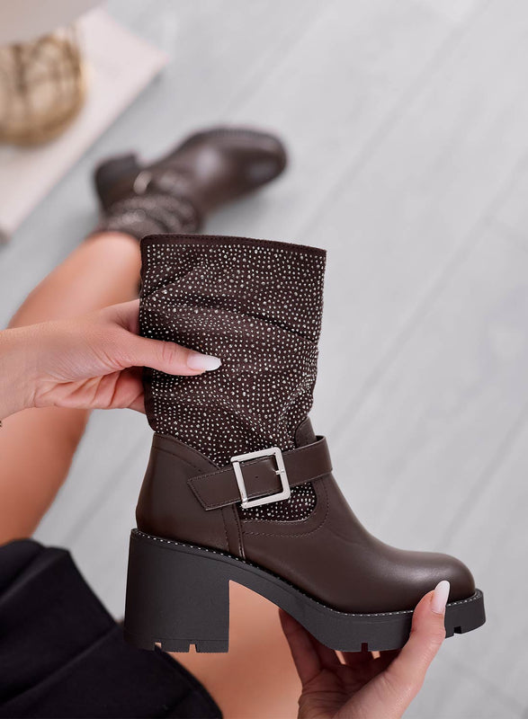 ADANA - Brown ankle boots with buckle and rhinestones