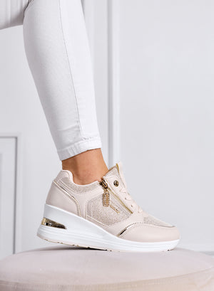 GEMMA - Beige Sneakers with Side Zip and Mesh Inserts