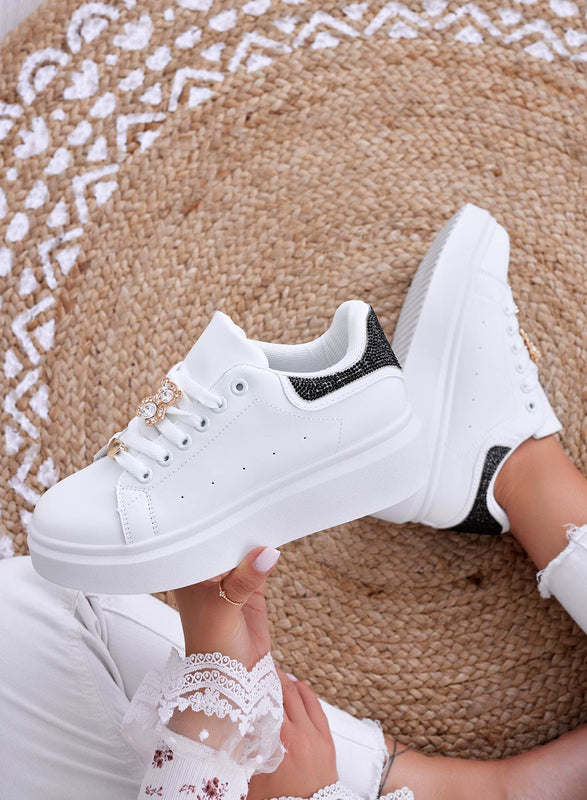 LAURA - White sneakers with jewel application and black rhinestone back