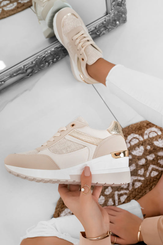 DREAMS - Beige and golden sneakers with wedge