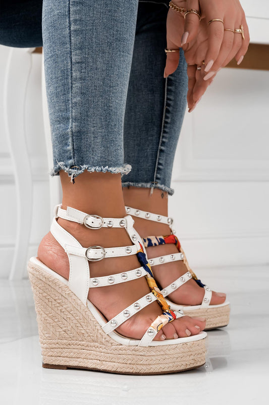 ADRIENNE - White wedge espadrilles with silver ball studs