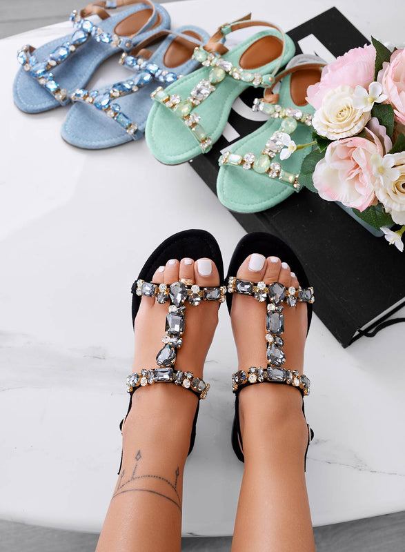 GIUSY - Flat black jewel sandals with stones