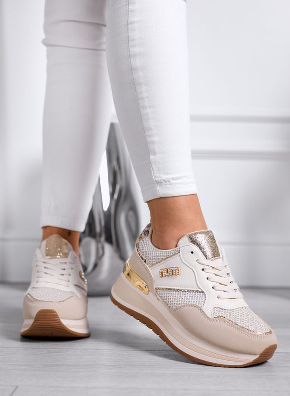 GIADA - Sneakers Beige con Inserti Rete e Dettagli Oro