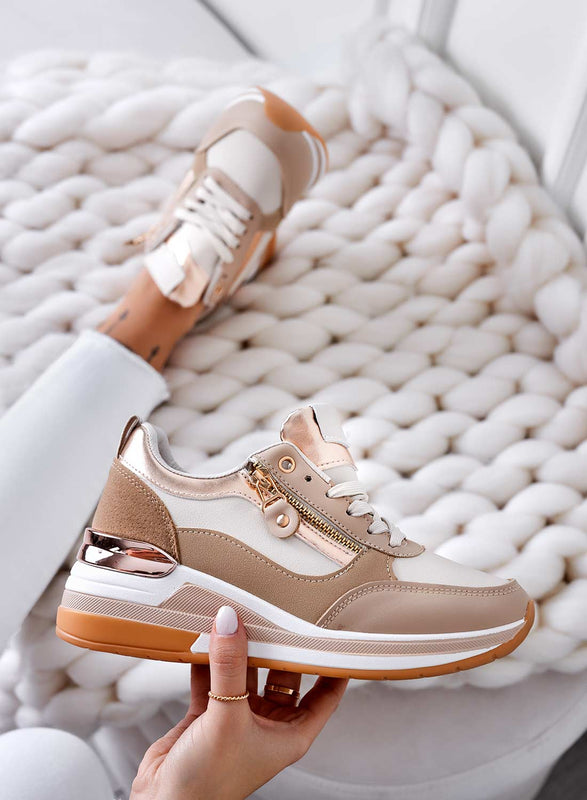 VALENTINA - Beige sneakers with rose gold inserts