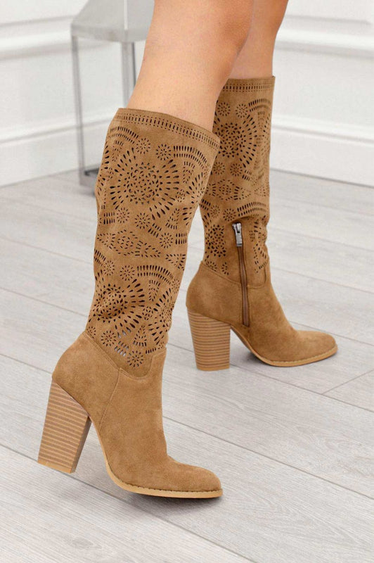MARLENA - Camel perforated boots with block faux wood heel
