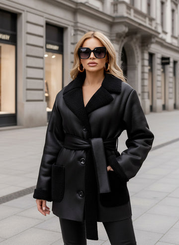 Oversized black shearling jacket with contrasting pockets